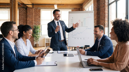 Businessman laughing while presenting sales chart to team