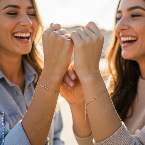 Authentic bonding moment with permanent jewelry bracelets and genuine laughter.