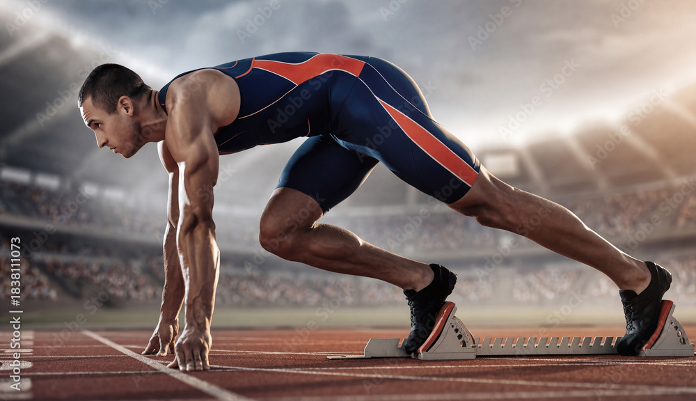 Fototapeta premium Muscular male runner starting race at stadium