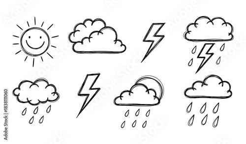 Hand Drawn Weather Icons Including Sun, Clouds, Rain, and Lightning Keywords: alert, bad weather, cloud, danger, doodle, drawing, element, energy, forecast, graphic, hand drawn, illustration