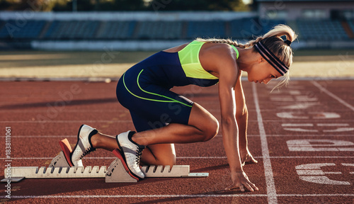 Female athlete ready to sprint on stadium track