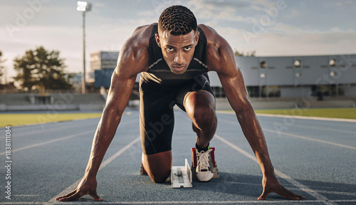 Focused African American runner at starting line