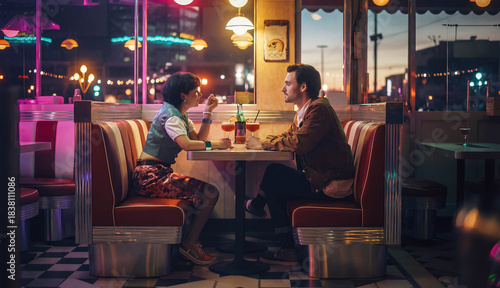 Romantic couple talking in retro American diner at night