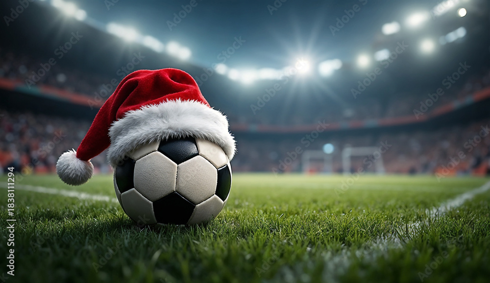 Naklejka premium Soccer ball wearing santa hat in stadium