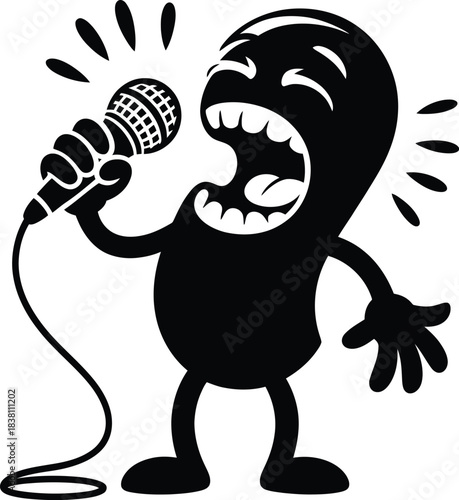 A black silhouette of a cartoon figure singing into a microphone