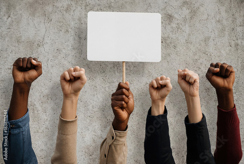 Diverse hands raising fist and holding blank placard