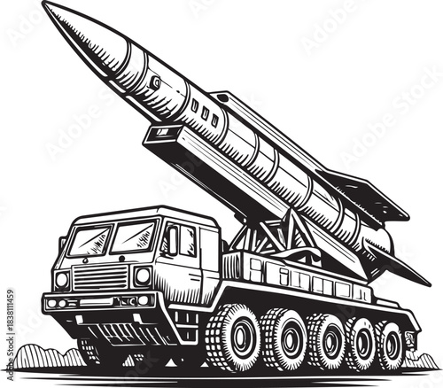 Missile launcher, War Weapon, Military and Warfare Hand-drawn Sketch Drawing Vector Illustration, Line Linear Symbol Engraving Coloring Book, Black and White Isolated