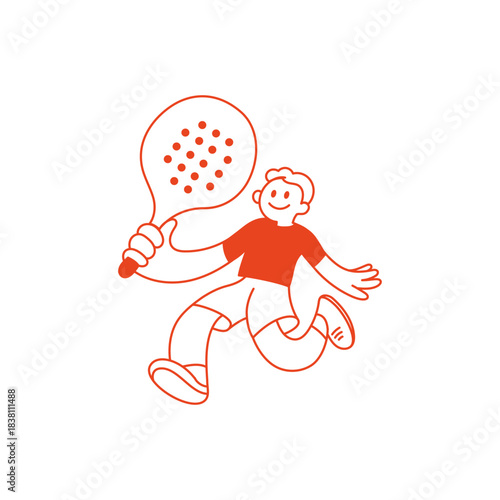 Vector hand drawn mascot illustration, padel tennis sport print and poster ,sticker with funny quirky character, boy holding racket  playing padel for sports club branding