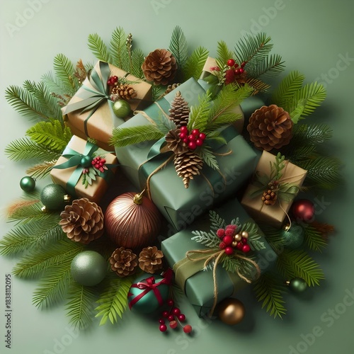 Beautifully wrapped Christmas gifts in green with pine cones, ornaments, and festive greenery on a green background, creating a natural holiday scene.
