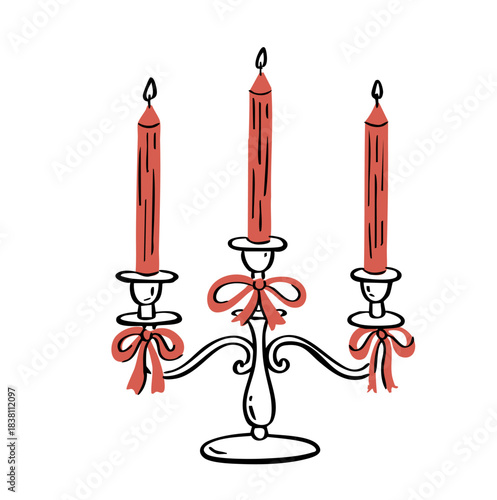 Vintage Festive Candelabra Doodle. Cute Christmas Candle Holder with Ribbons and Flames Illustration. Outline Hand-Drawn Vector Illustration
