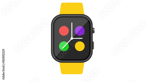 Modern Smartwatch with Yellow Strap Displaying Colorful App Icons on Black Background Simple Digital Interface with Clock Hands and Vibrant Circles Representing Applications