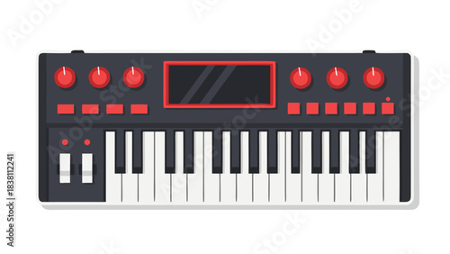 Modern Synthesizer Keyboard with Red Knobs and Black Buttons on a Minimalist Black Background Electronic Music Instrument Studio Equipment for Dj and Musician