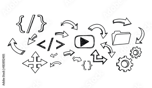 Technology and Coding Doodle Icons Arrows Play Button Folder and Gears on White Keywords technology, coding, programming, software, development, arrow, play button, folder, gear, cogwheel, doodle