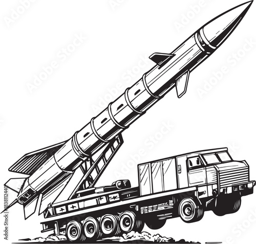 Missile launcher War, Military and Warfare Hand-drawn Sketch Drawing Vector Illustration, Line Linear Symbol Engraving Coloring Book, Black and White Isolated
