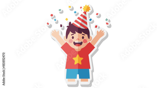 Joyful Boy Wearing Party Hat With Arms Raised in Celebration Surrounded by Falling Confetti Against a Black Background A Symbol of Happiness and Fun
