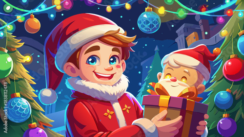 Very beautiful close-up portrait of a smiling young boy in a red winter jacket as Santa Claus bends beside him, handing him a colorful present amid twinkling Christmas decorations.
