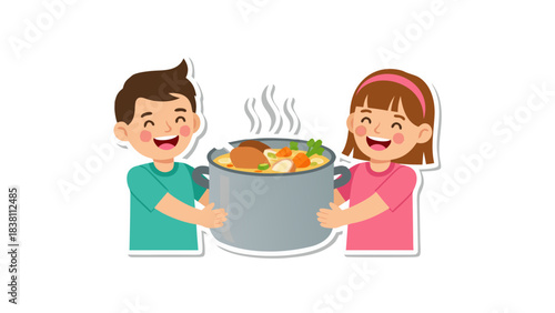 Joyful Children Holding a Large Steaming Pot of Food With Vegetables and Meat in a Cheerful Scene Representing Abundance and Homemade Cooking