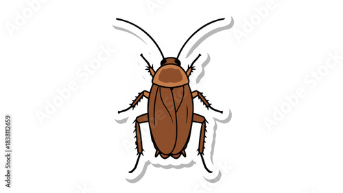 Illustration of a Brown Cockroach with White Outline and Shadow on a Black Background Detailed Insect Drawing with Antennae and Legs Clearly Visible
