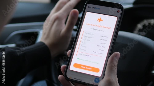 Close-up of a man's hands in a parked car examining a digital bank receipt for a successfully purchased low-cost airline ticket. The detailed transaction confirmation captures the moment of securing