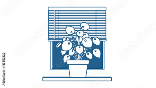 Interior Scene Showing a Potted Plant on a Windowsill with Blinds and Natural Light Creating a Serene Atmosphere