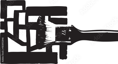 Black paintbrush and abstract geometric shape on white background Keywords: paintbrush, paint