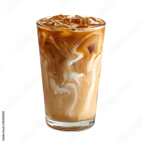 Iced coffee with milk swirl and ice cubes in a clear glass refreshing beverage for summer isolated on white background.