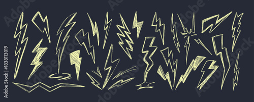 Thunder lightning. Bolt doodle crayon sketch vector hand drawn