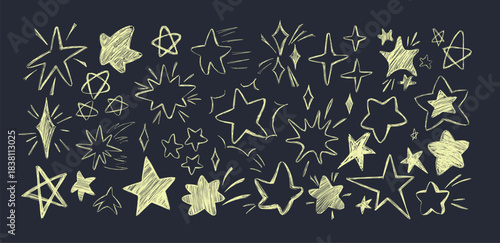Chalk crayon doodle stars set Stars hand drawn drawing collection Grunge texture star