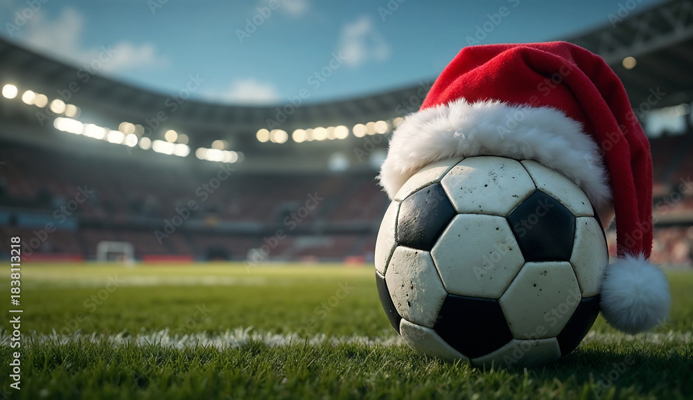Fototapeta premium Soccer ball wearing santa hat in stadium