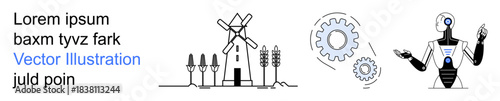 Renewable energy, robotics, future technology, automation, sustainability, agriculture. Windmill, wheat gear and robot in minimal line art. Renewable energy and robotics