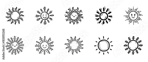 Set of hand drawn sun icons with smiling faces and rays, cartoon doodle weather symbols with transparent background for fun illustrations and design