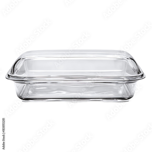Clear glass baking dish with lid transparent casserole container for oven cooking and food storage isolated on white background.