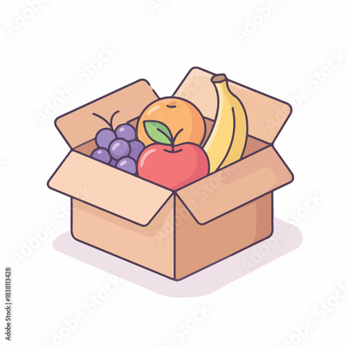 Cartoon illustration of fruit in a cardboard box