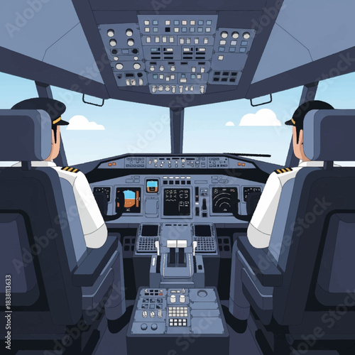 Two pilots in uniform operating an airplane from the cockpit with a clear view of the control panel and sky.