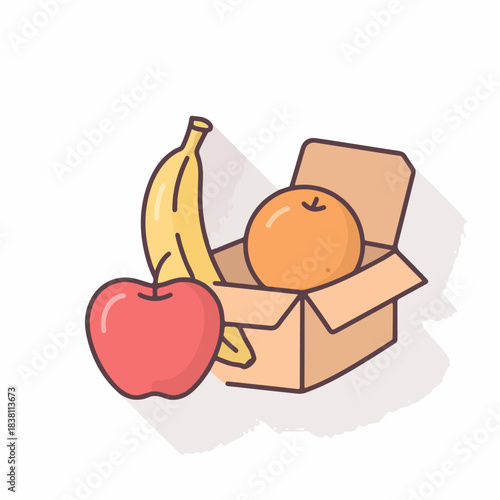 Cartoon illustration of fruit in a cardboard box