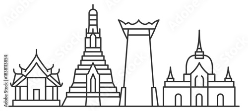 Bangkok skyline with traditional temples, pagoda, Giant Swing and cultural architecture in an urban cityscape illustration, minimal linear vector design on transparent background