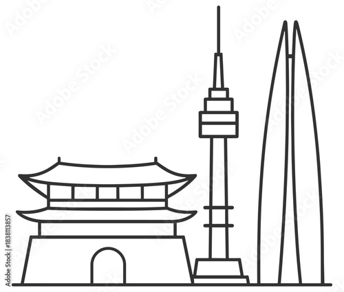 Seoul city landmark icon set with palace gate, Namsan tower and Lotte tower in clean line and solid styles on transparent background