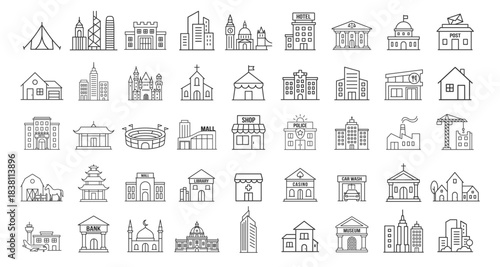 Building icon set, solid and line collection of house, office, bank, school, hotel, shop and hospital on transparent background