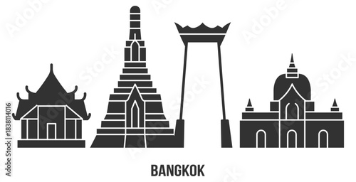 Bangkok skyline with traditional temples, pagoda, Giant Swing and cultural architecture in an urban cityscape illustration, minimal linear vector design on transparent background