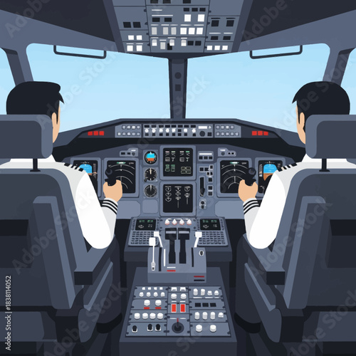 Two pilots in uniform operating an airplane cockpit with numerous controls and a clear sky view.