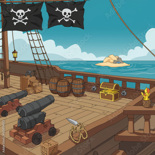 A detailed illustration of a pirate ship deck with cannons, barrels, a treasure chest, and an island in the distance under a blue sky.