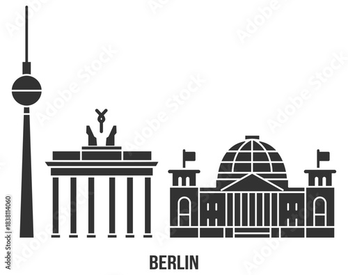 Berlin city landmark icon set with Brandenburg Gate, Reichstag and television tower in clean line and solid styles on transparent background