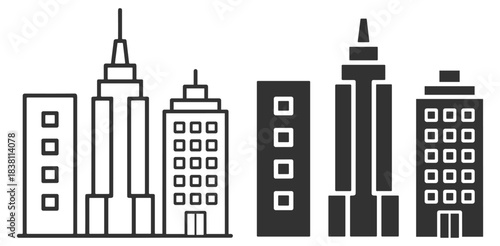 City skyscraper office building, outline and solid icon set on transparent background