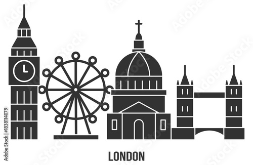 London skyline with famous landmarks, Big Ben, wheel, cathedral, bridge, urban cityscape illustration, minimal linear vector design on transparent background