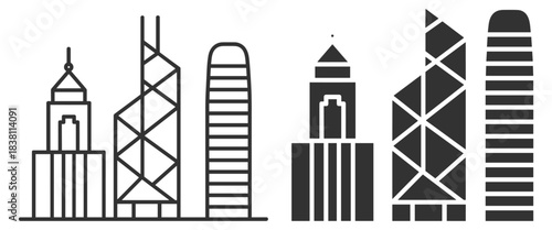 Modern business skyscraper tower skyline, outline and solid icon set on transparent background