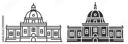 Classic cathedral building with dome, outline and solid religious landmark icon on transparent background