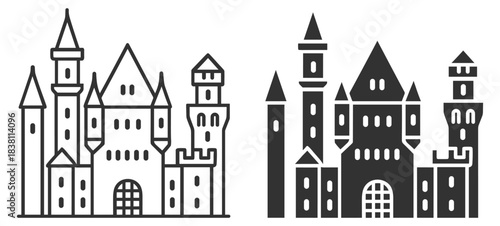 Medieval castle fortress with towers, outline and solid fairytale palace icon on transparent background