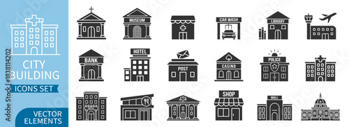 City public building icons set, urban architecture collection with hospital, school, bank, museum, library, shop and government structures on transparent background