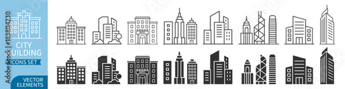 City building icons set, urban skyline silhouettes, modern skyscraper architecture collection, business tower and office elements on transparent background