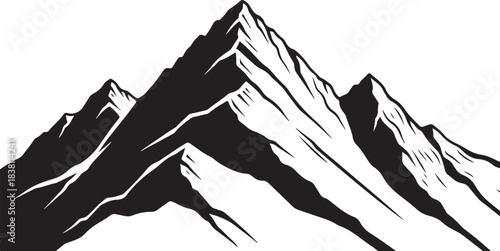 Stylized black and white illustration of rugged mountain peaks
